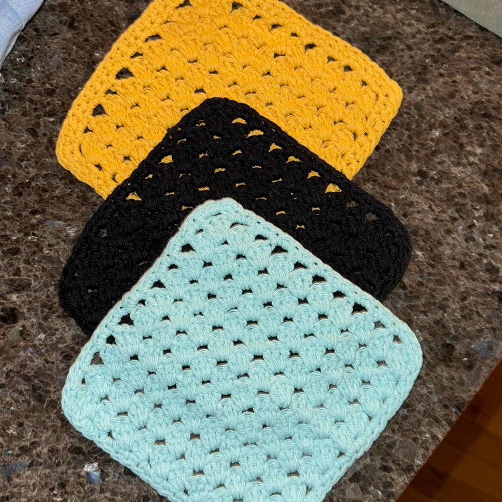 3 Hand Crocheted Washcloths Cotton Washcloths Dish Cloths 100% Cotton